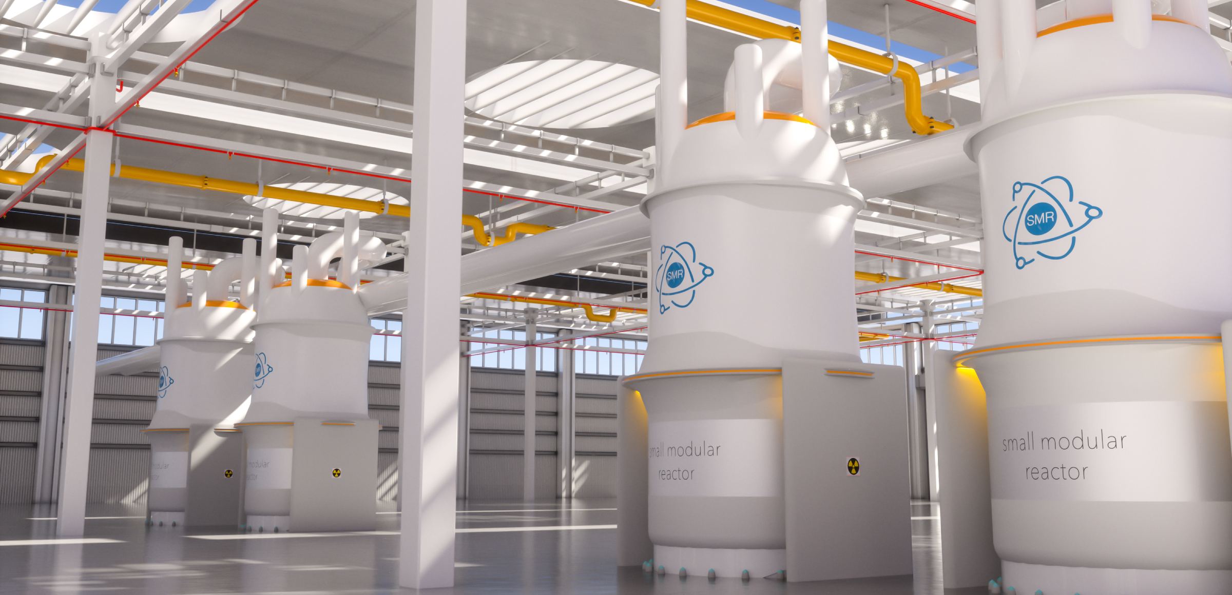 Concetto di una centrale nucleare con reattori modulari di piccole dimensioni (SMR) in una giornata soleggiata.